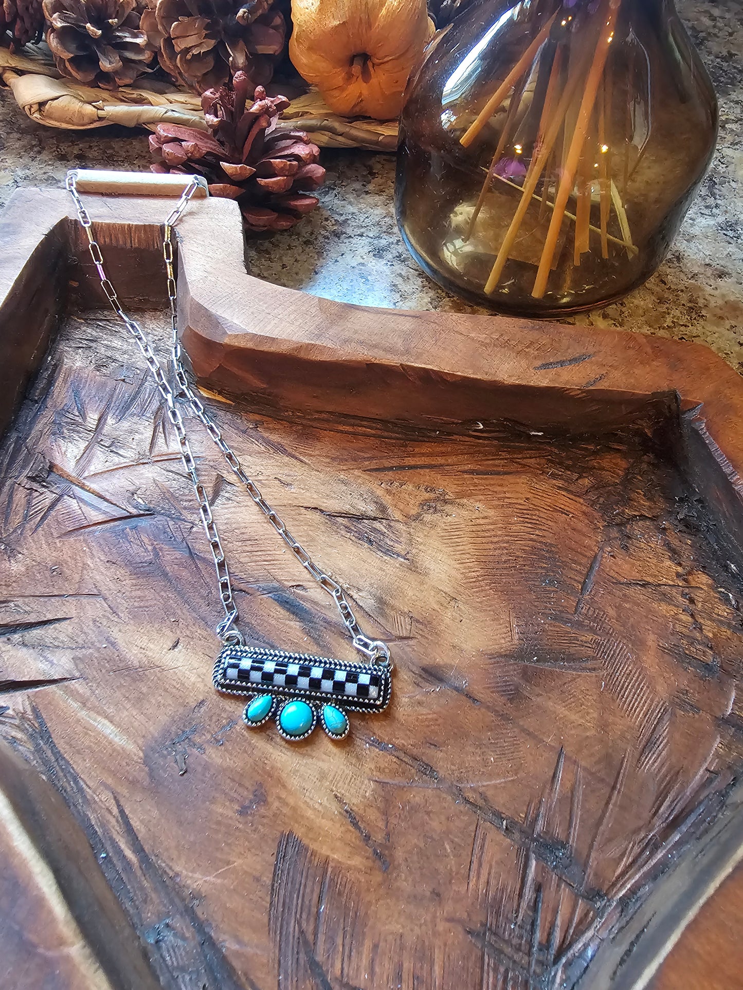 Western Checkered Bar Turquoise Necklace