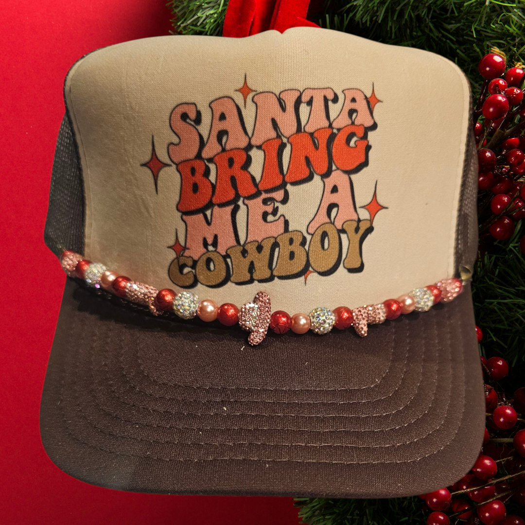 Santa Bring Me A Cowboy Western Foam Trucker Hat with pink bling hat chain