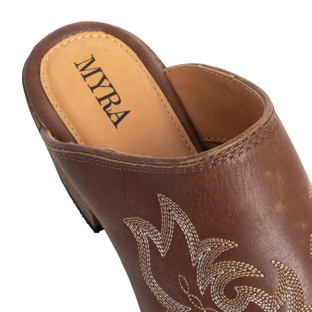 Myra Ximena Ranch Brown Embroidered Mules for Women – Pointed Toe, Low Block Heel Western Leather Shoes