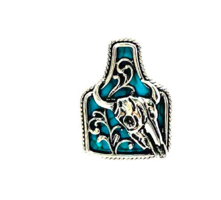 Western Turquoise Cattle Tag Steerhead Cuff Ring