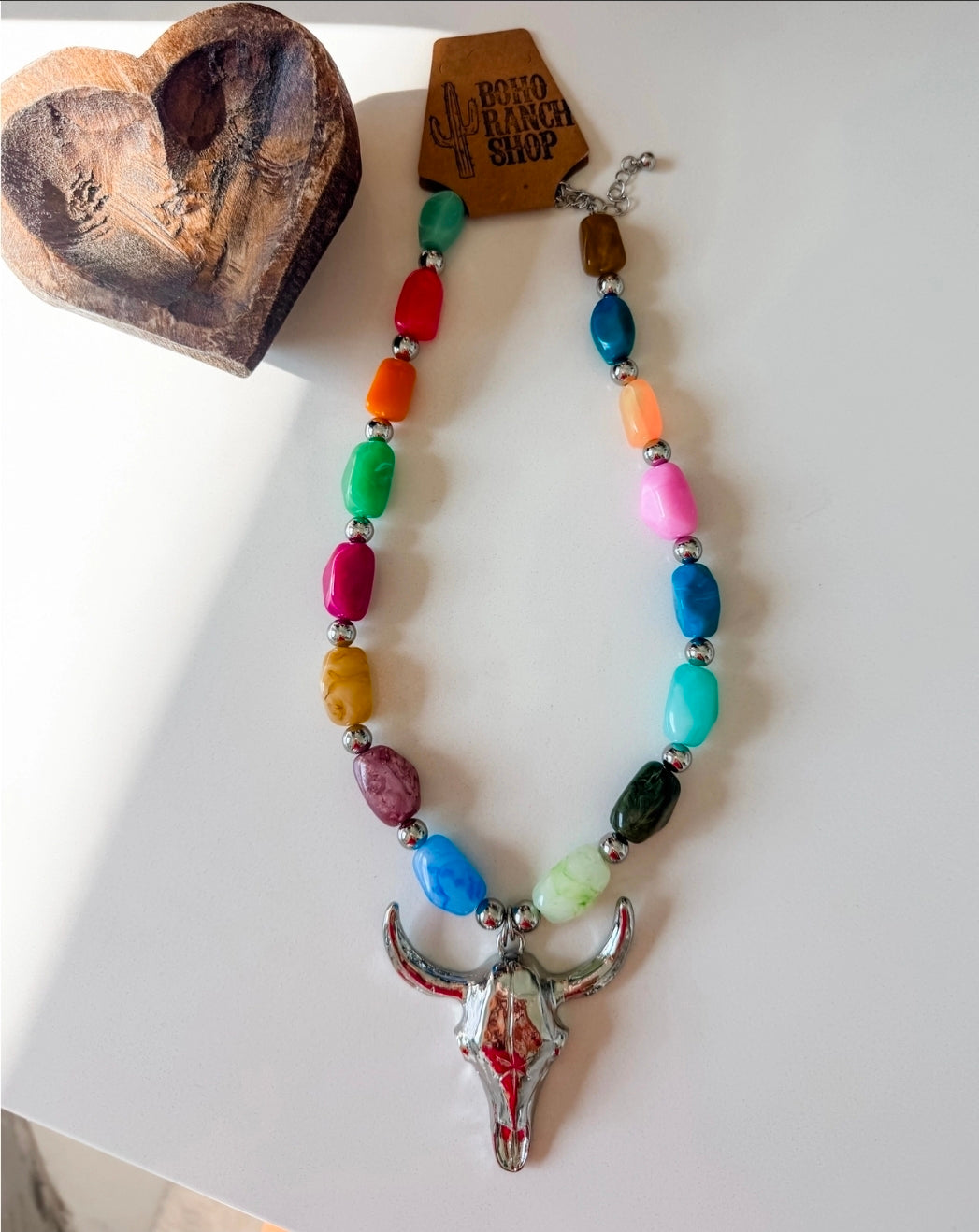 Western Steer Skull Pendant Multicolor Bead Stone Necklace