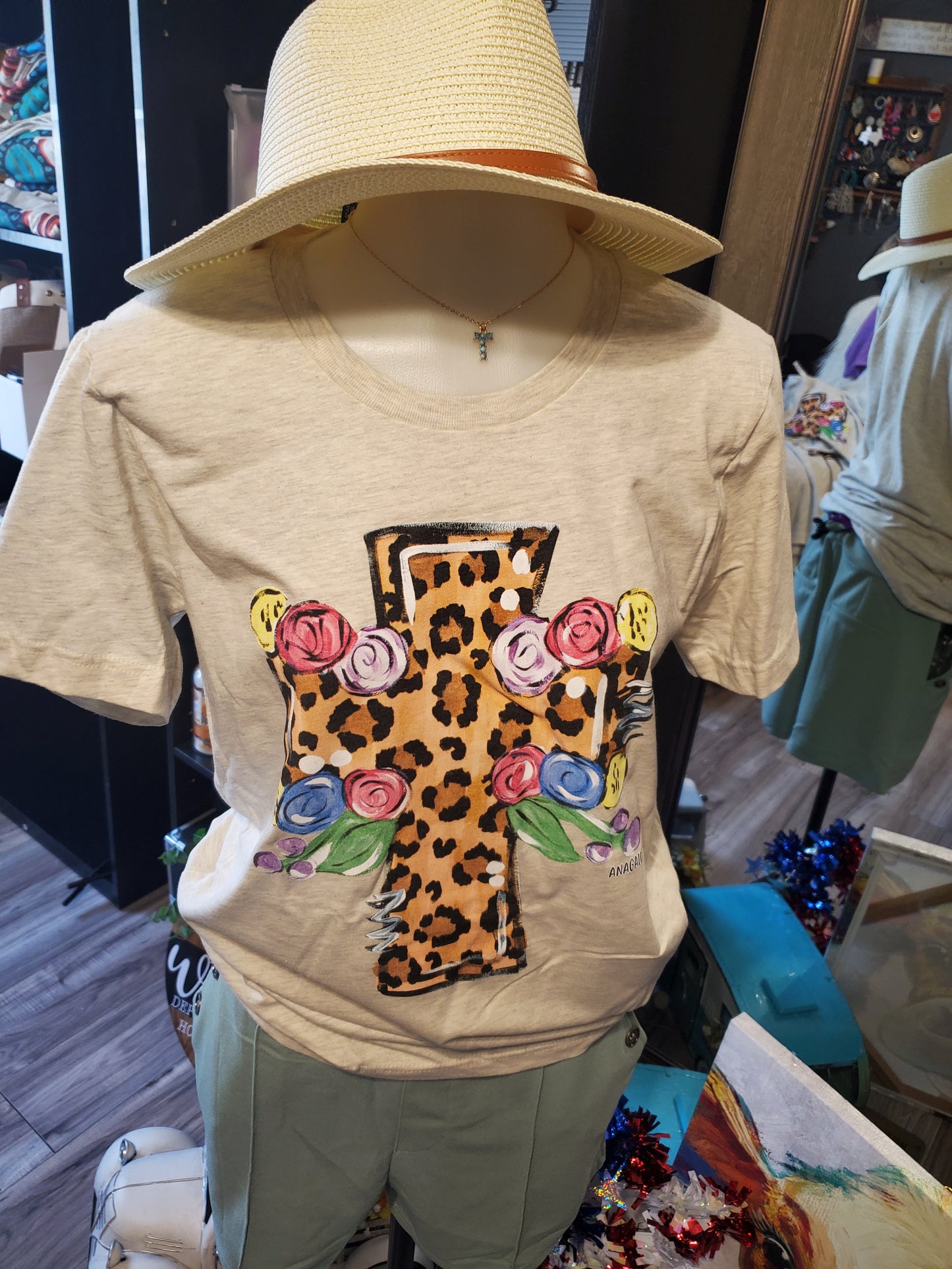 Hand Painted Leopard Cross  Color: Heather Prism natural