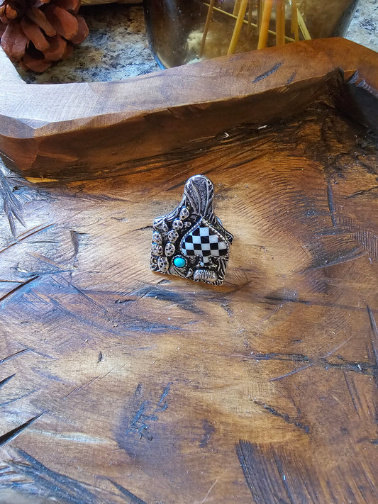 Western Cattle Tag Spade Checker Cuff Ring