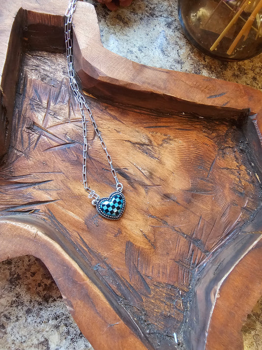 Checkered Heart Necklace Turquoise