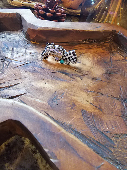 Western Horse Head Spade Checker Cuff Ring