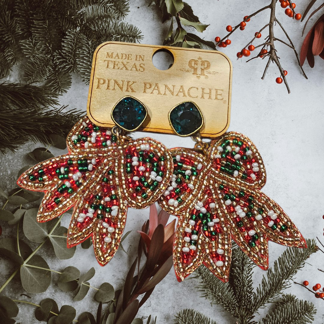 Christmas Bow Beaded Earrings