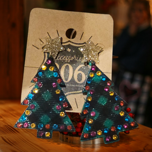 Rhinestone Plaid Christmas Tree Earrings