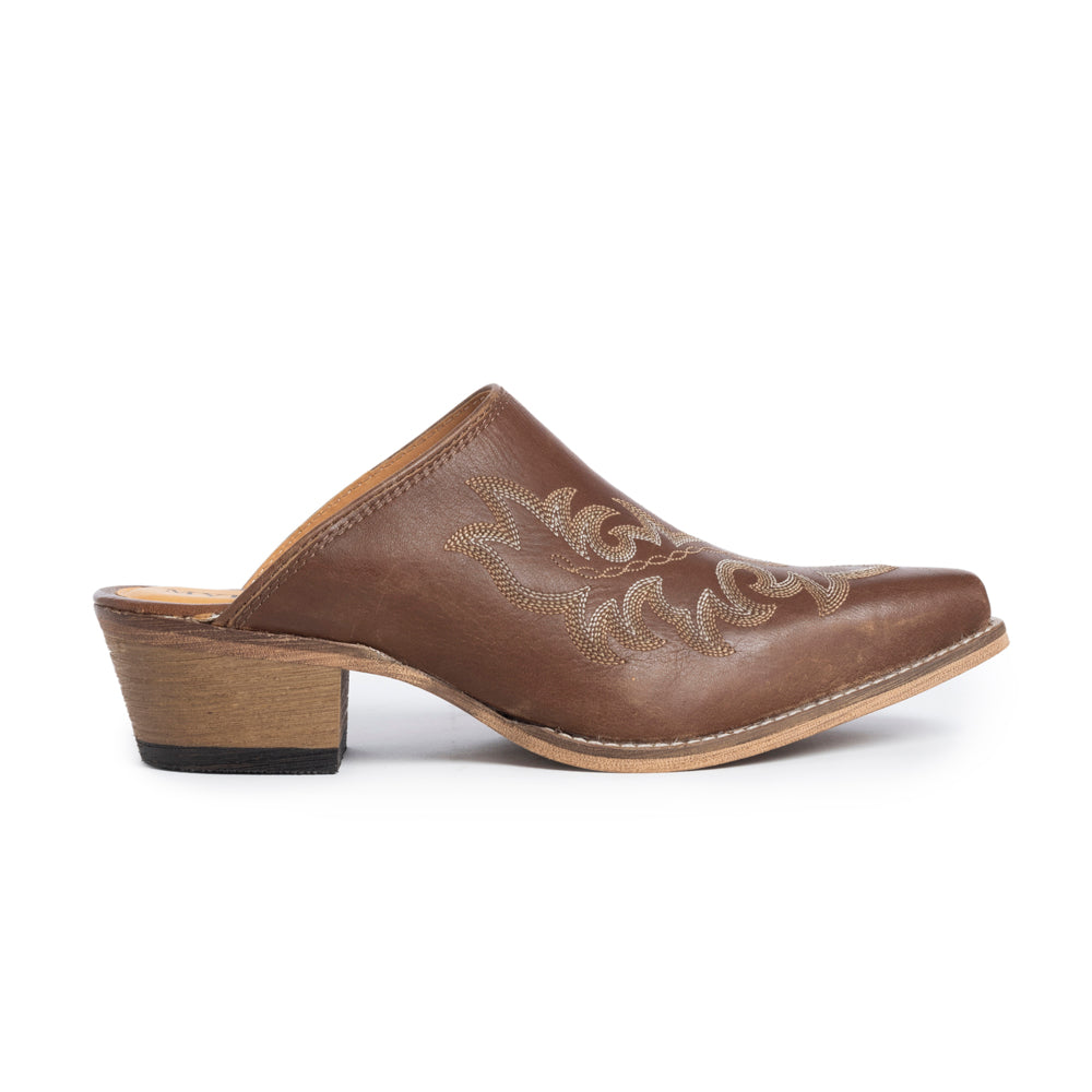 Myra Ximena Ranch Brown Embroidered Mules for Women â€“ Pointed Toe, Low Block Heel Western Leather Shoes