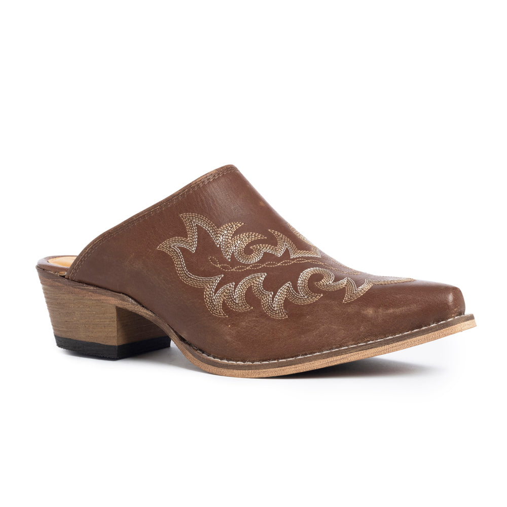 Myra Ximena Ranch Brown Embroidered Mules for Women â€“ Pointed Toe, Low Block Heel Western Leather Shoes