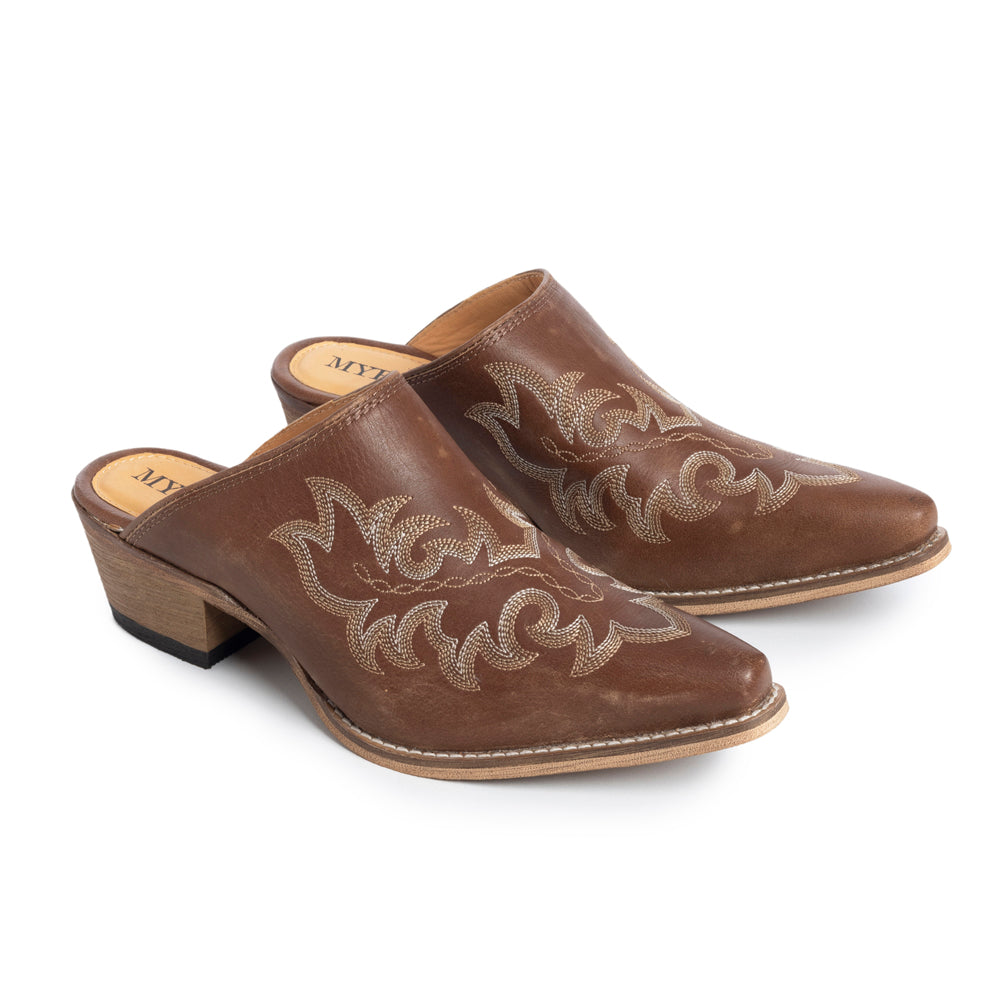 Myra Ximena Ranch Brown Embroidered Mules for Women â€“ Pointed Toe, Low Block Heel Western Leather Shoes