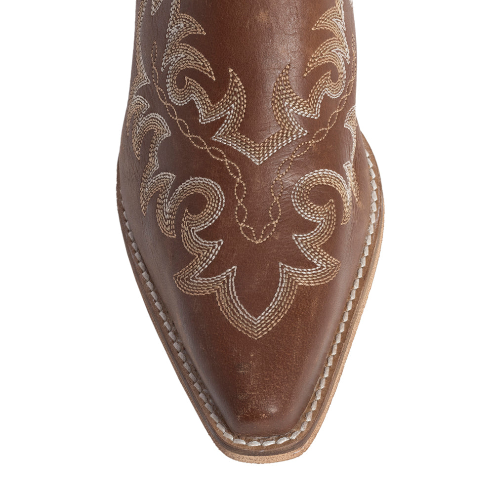 Myra Ximena Ranch Brown Embroidered Mules for Women â€“ Pointed Toe, Low Block Heel Western Leather Shoes