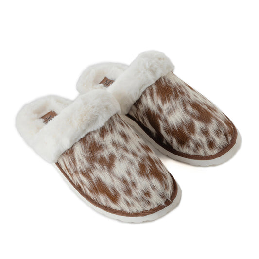 Myra Alamosa Tan Fur-Lined Hairon Leather Slippers for Women â€“ Winter Indoor Comfort, Soft Sole, Western Style