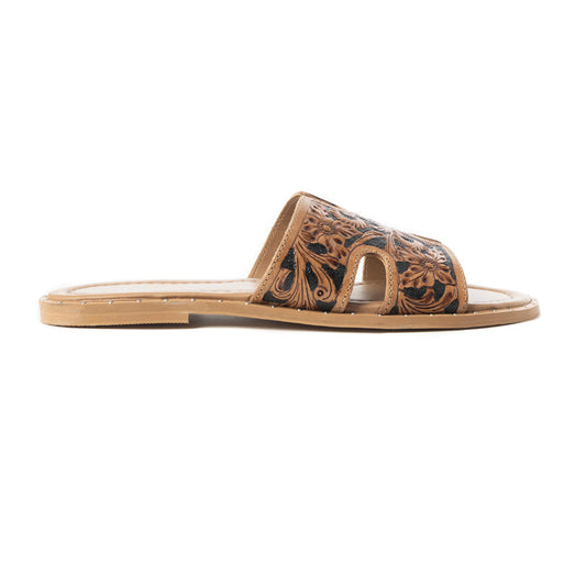 Myra Carmina Anne Dark Embossed Leather Slip-On Sandals for Women – Western H-Cut Slides with Studded Trim