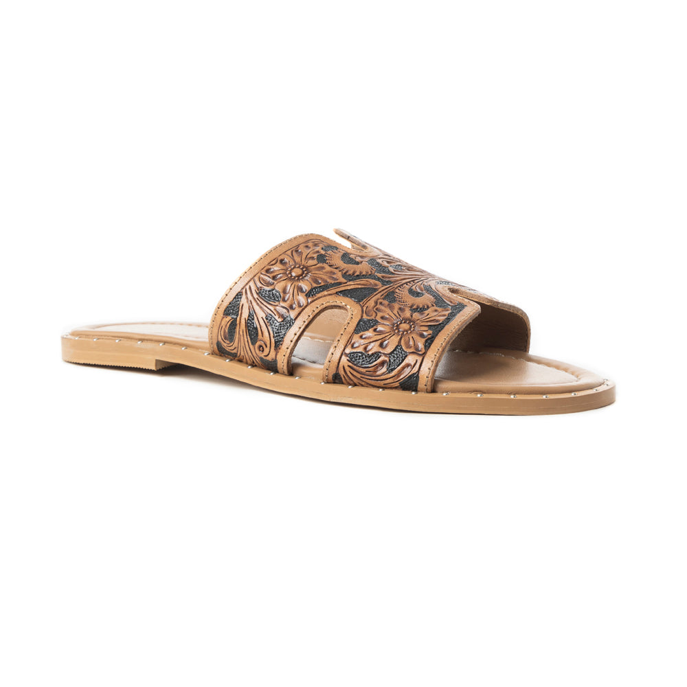 Myra Carmina Anne Dark Embossed Leather Slip-On Sandals for Women â€“ Western H-Cut Slides with Studded Trim