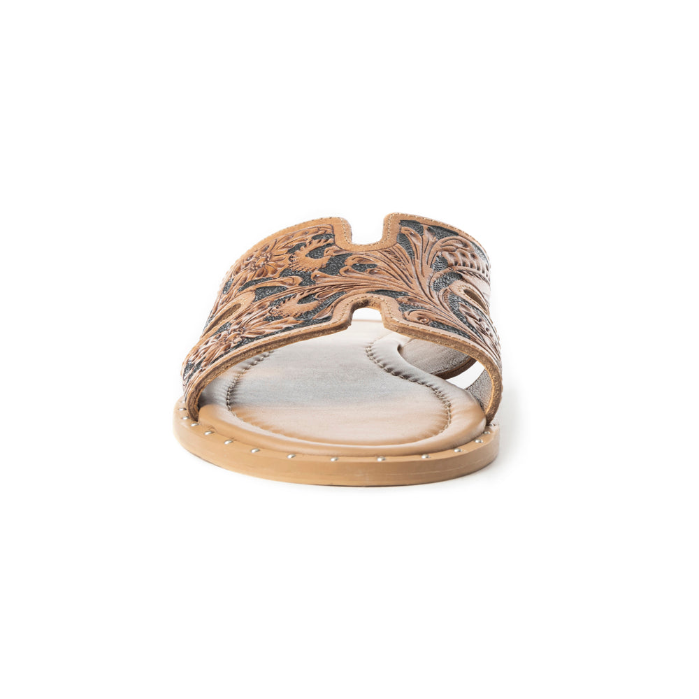 Myra Carmina Anne Dark Embossed Leather Slip-On Sandals for Women â€“ Western H-Cut Slides with Studded Trim