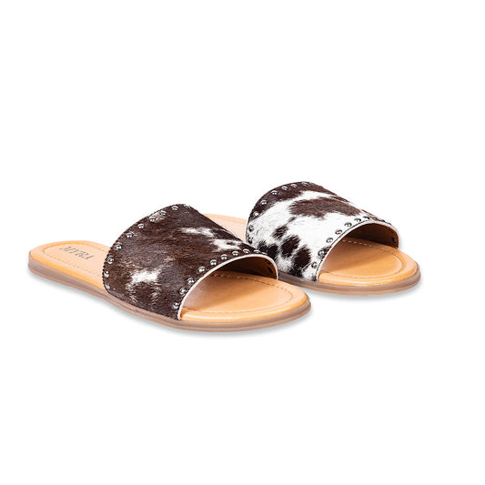 Myra Lettie Ridge Dark Hair-On Leather Flip Flops for Women - Western Slide Sandals with Soft Sole for Casual Comfort
