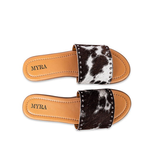 Myra Lettie Ridge Dark Hair-On Leather Flip Flops for Women - Western Slide Sandals with Soft Sole for Casual Comfort
