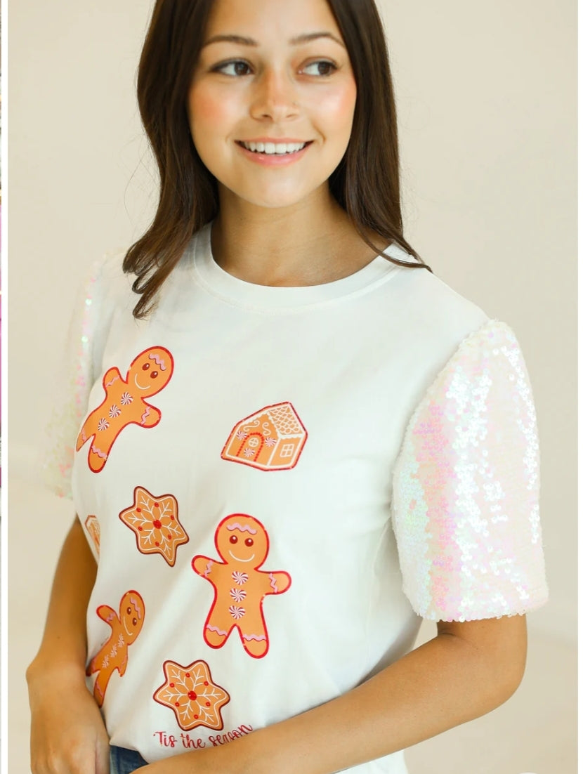 Ginger Bread on White Top with Sequin Sleeves