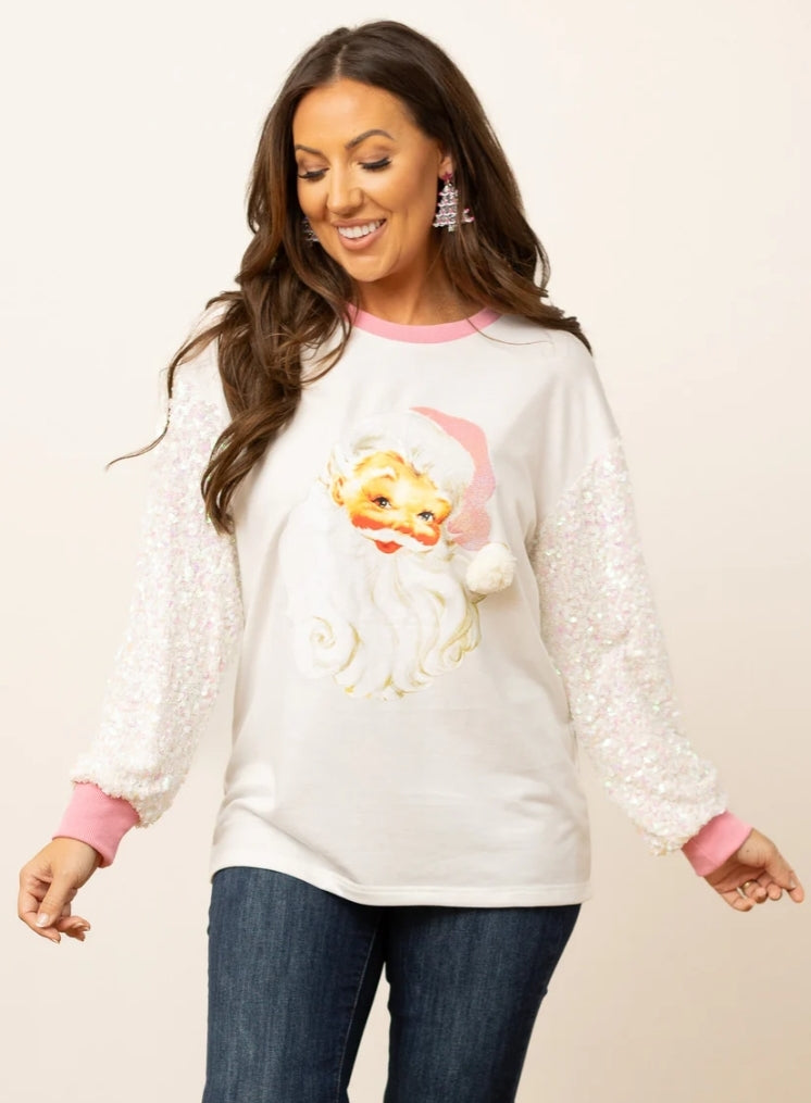 Santa Clause White Sweatshirt with Sequin Sleeves