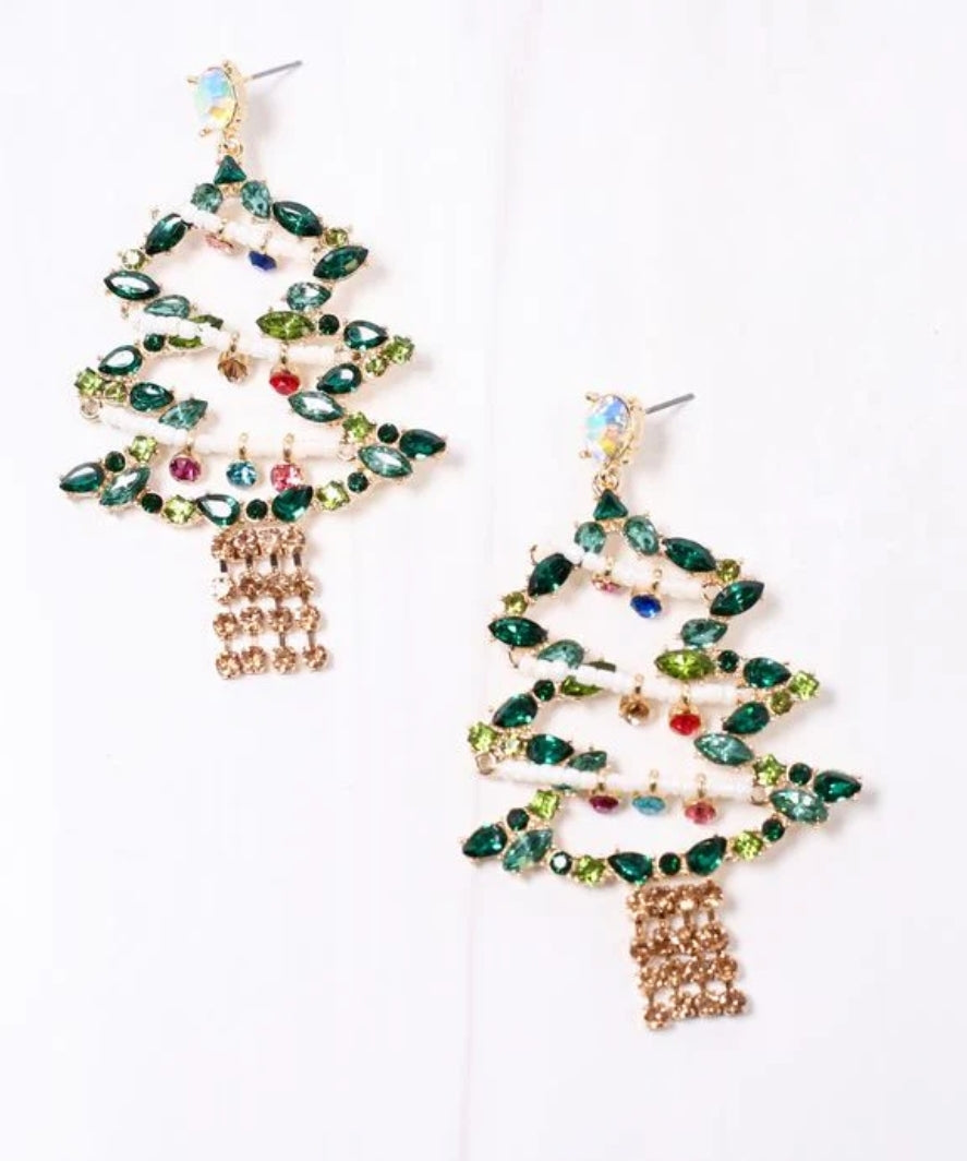 Jeweled Christmas Tree Earring Green