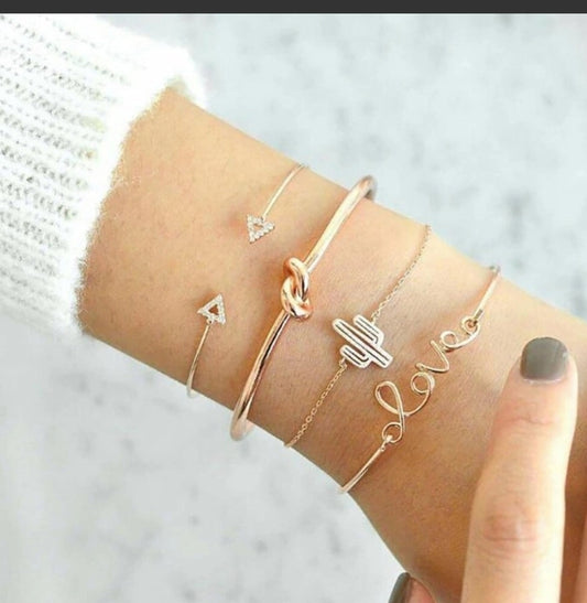 Gold 4 Piece Love Cactus Bracelet Set