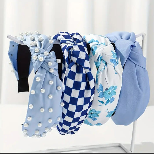 4 Pack Blue Pearl Beaded Knot Headbands