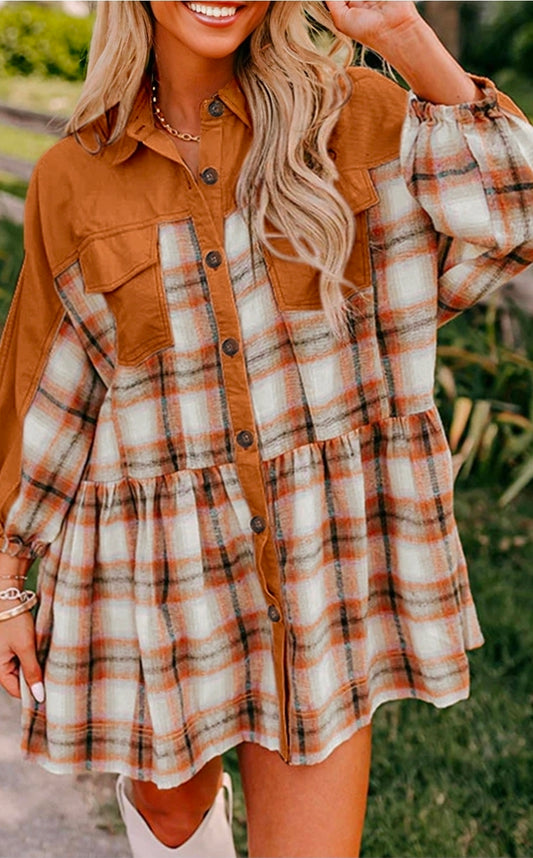Plaid Patchwork Pocketed Ruffle Hem Shirt Dress