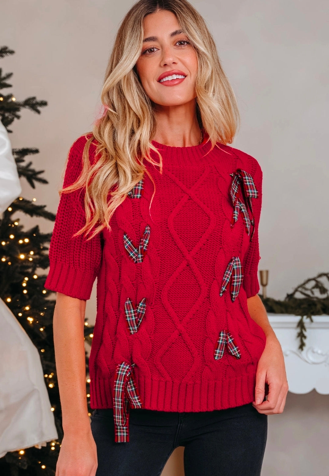 Christmas Plaid Lace-Up Puff Sleeve Sweater