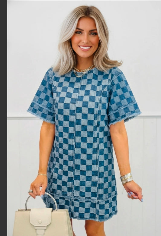 Checker Denim Frayed Hem Mini Dress