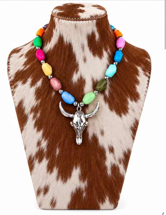 Western Steer Skull Pendant Multicolor Bead Stone Necklace