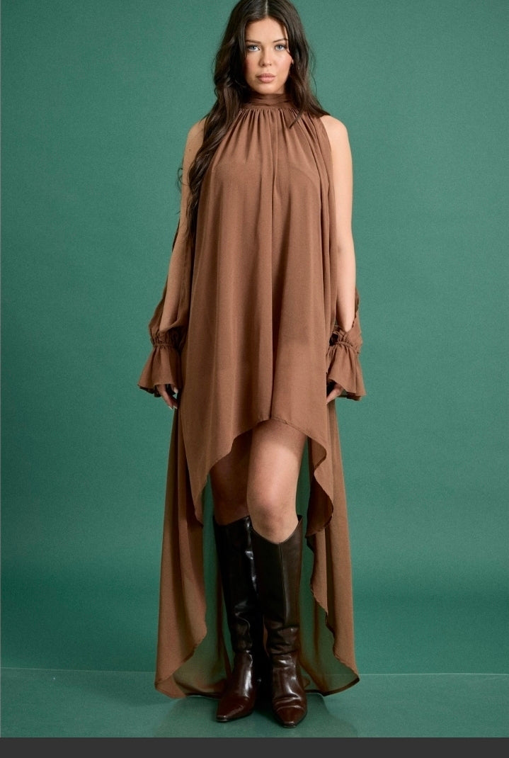 High-Low Halter Mock Neck Maxi Dress