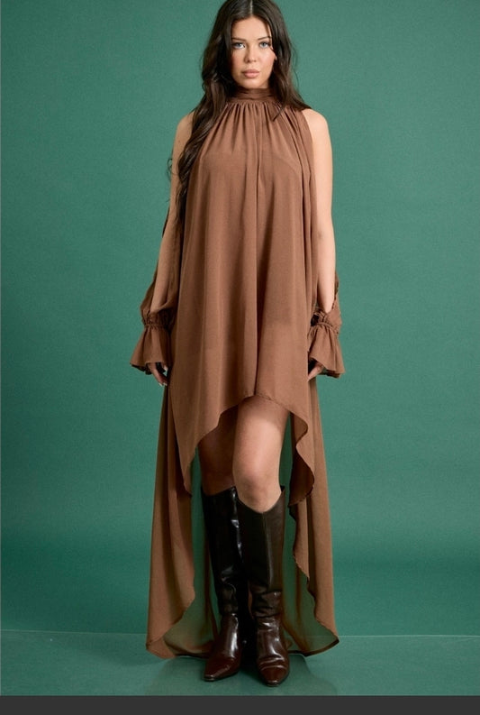 High-Low Halter Mock Neck Maxi Dress