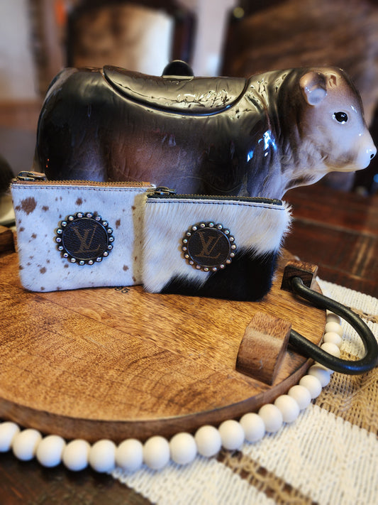 Cow Hide Coin Purse with LV upcycled Charm