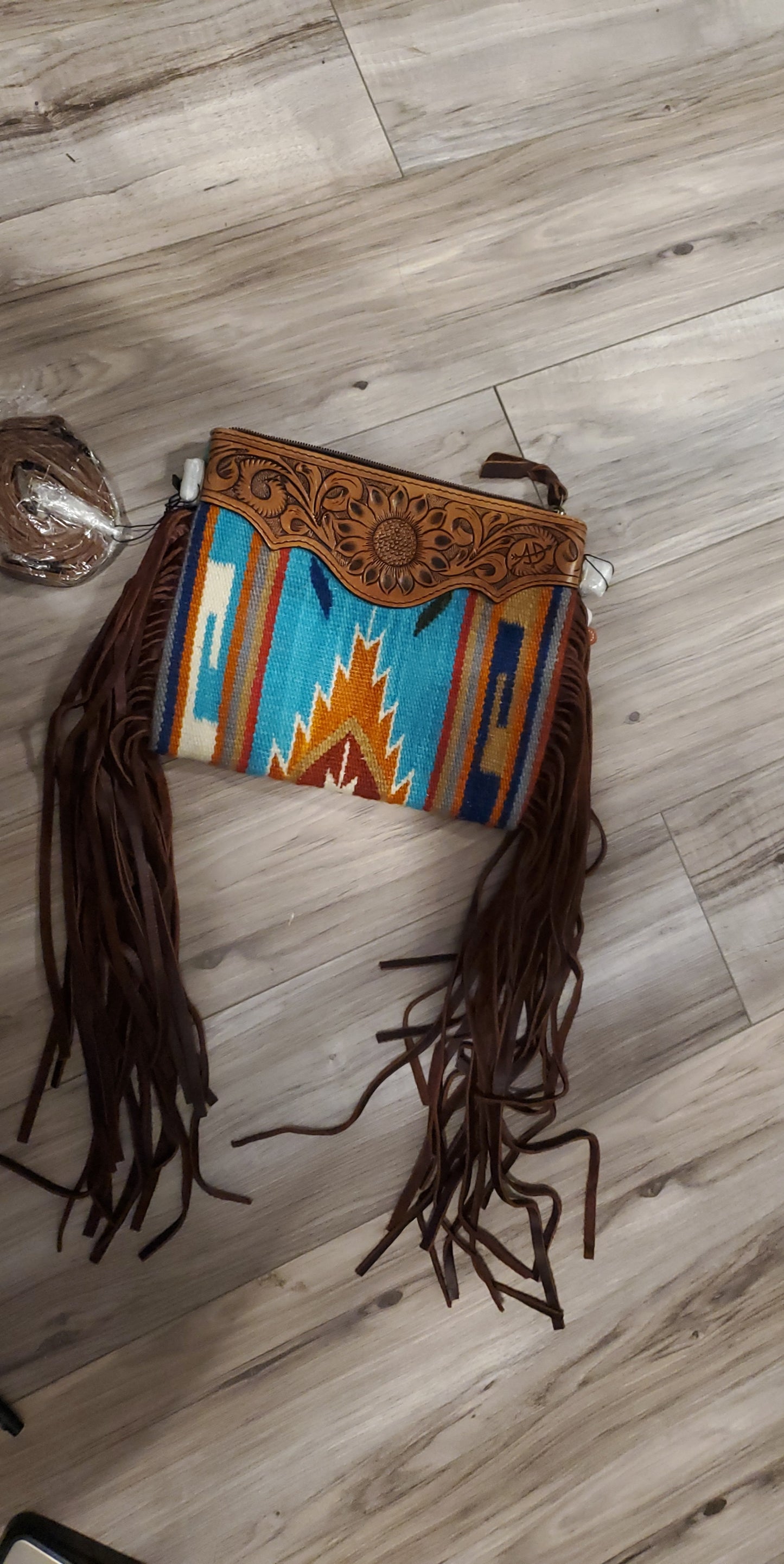 Teal Aztec Leather Tooled Crossbody