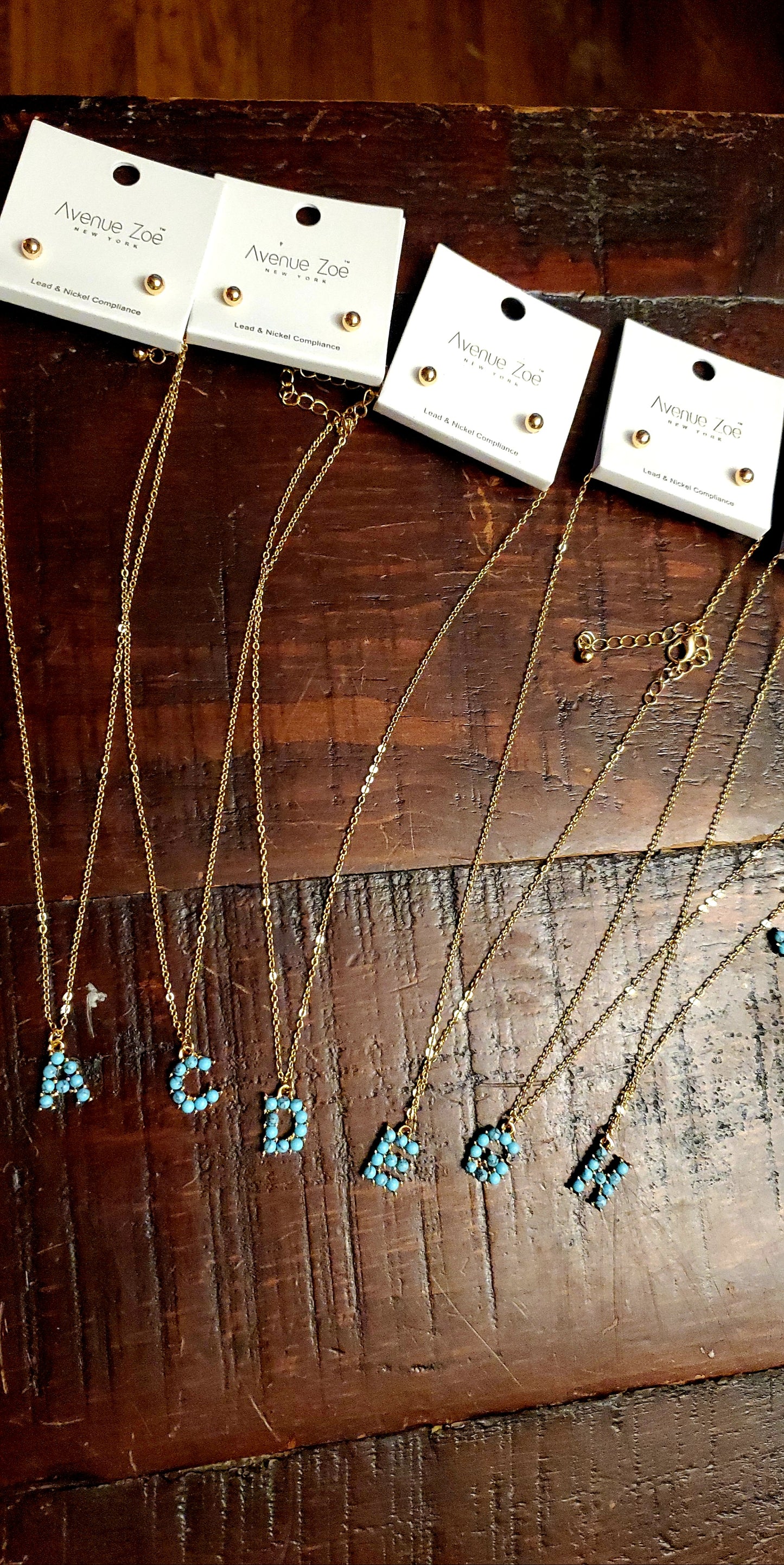 Turquoise stone detailed initial letters necklaces