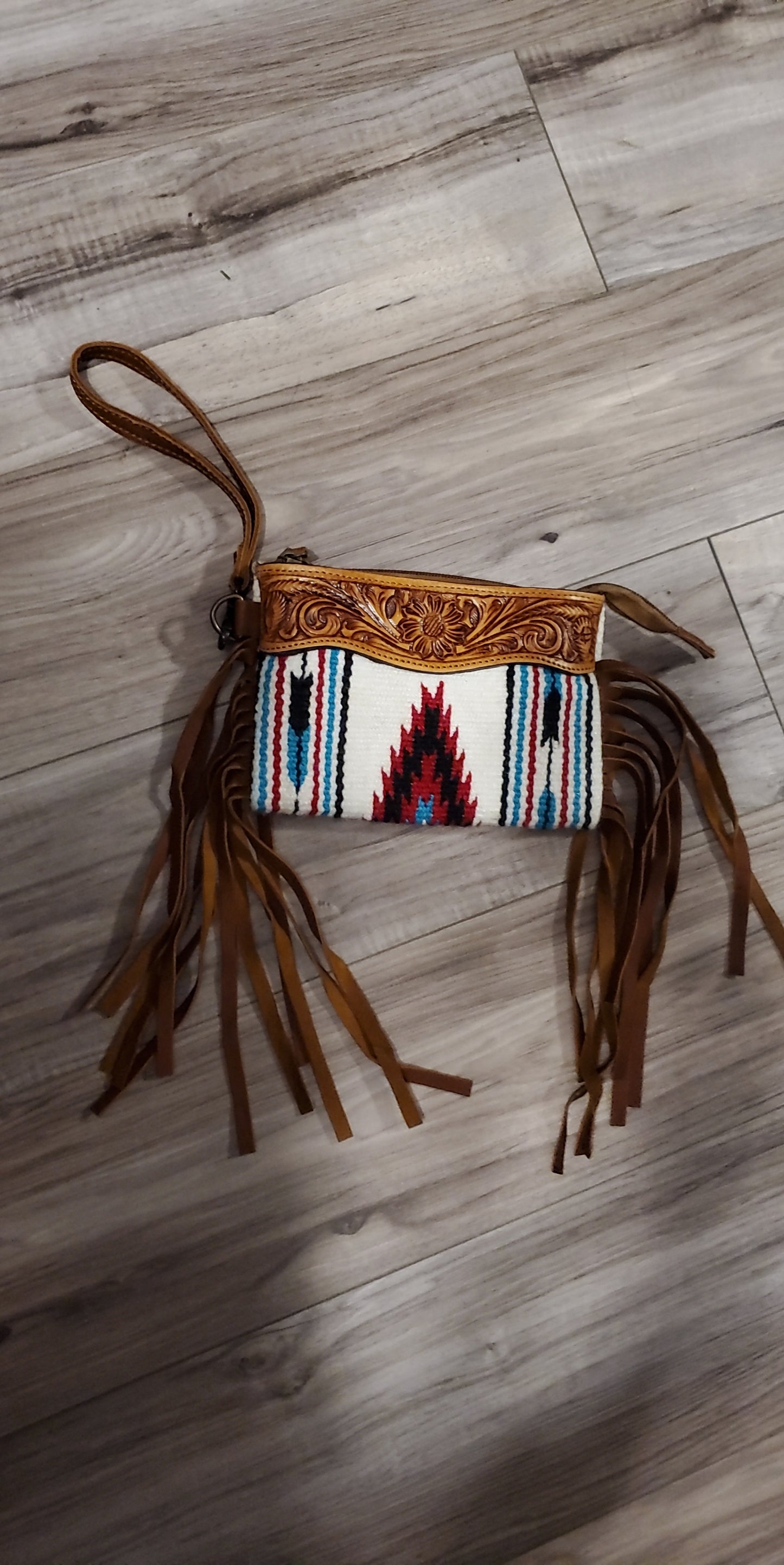 White Aztec Leather Tooled Wristlet