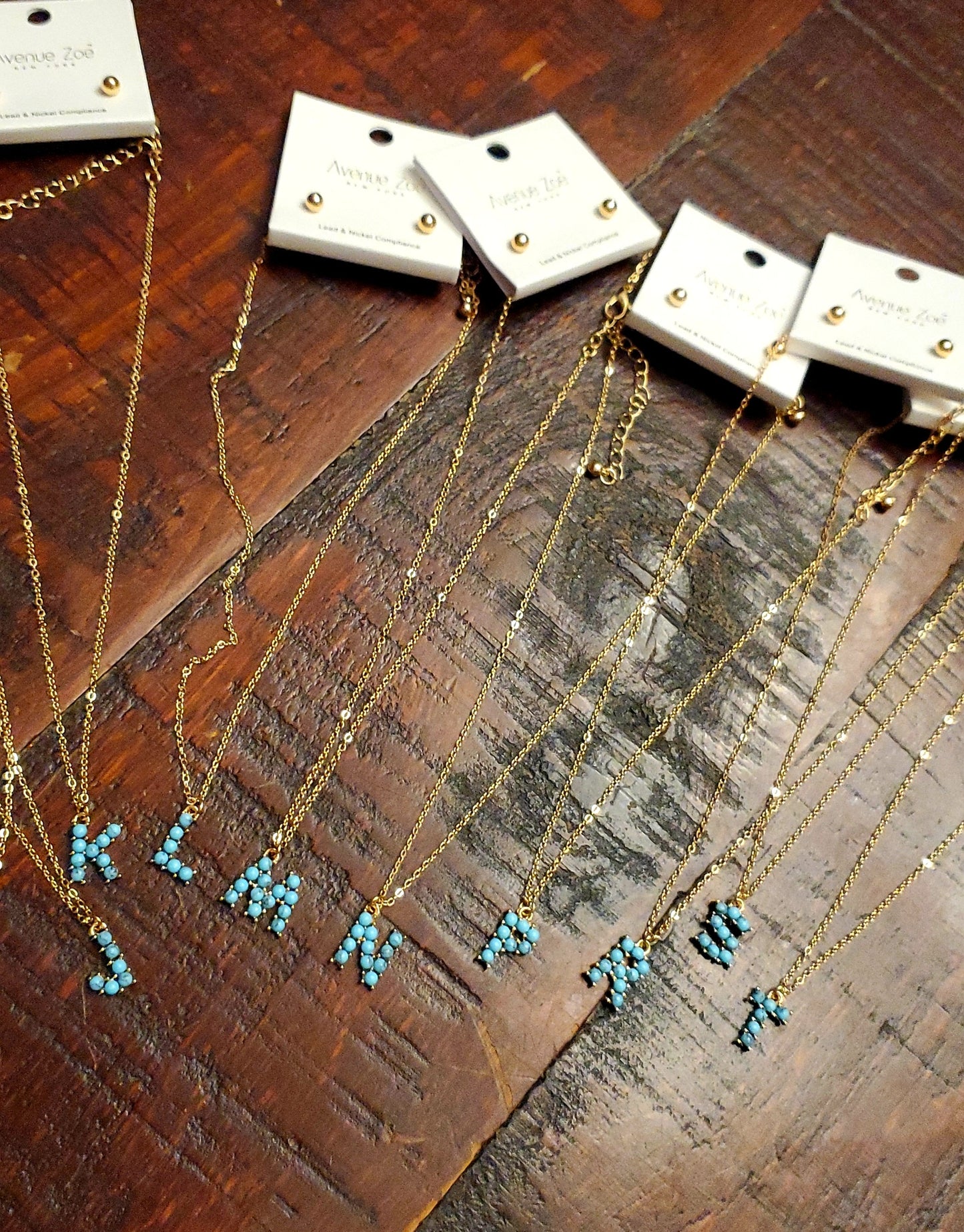 Turquoise stone detailed initial letters necklaces