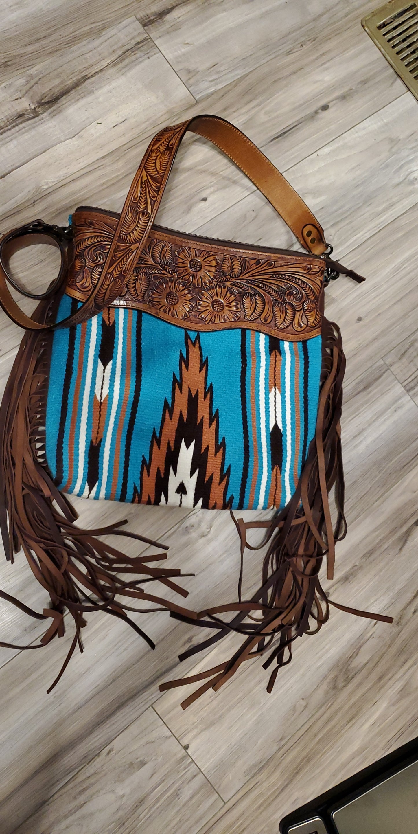 Teal And Orange Aztec Leather Tooled Purse