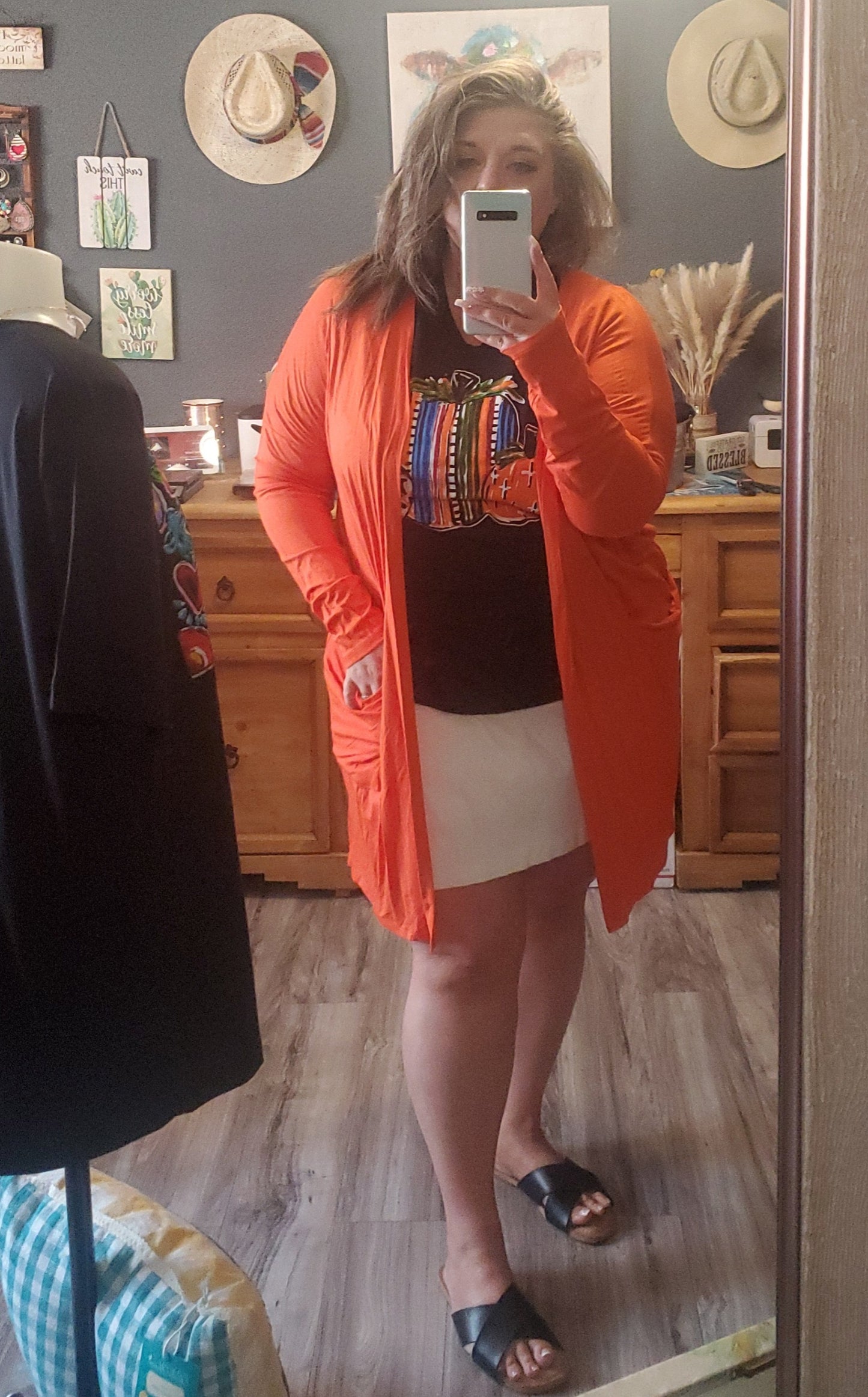 Orange Solid Mid-Length Cardigan