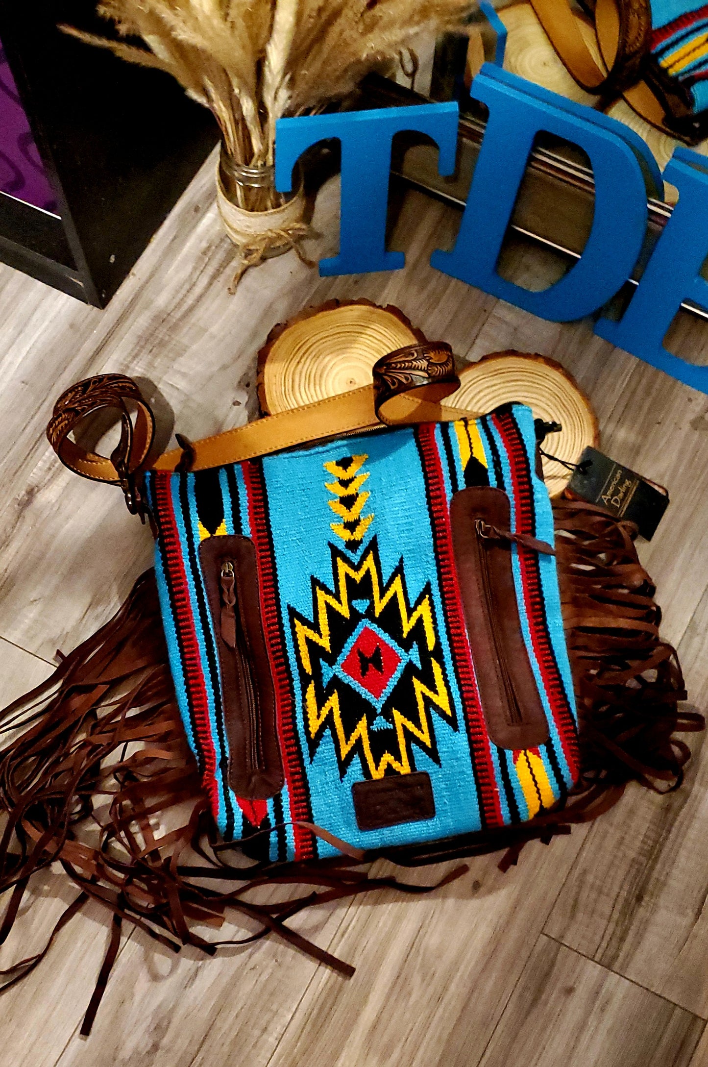 Teal , Black, Red and Yellow Aztec Tooled Leather Purse