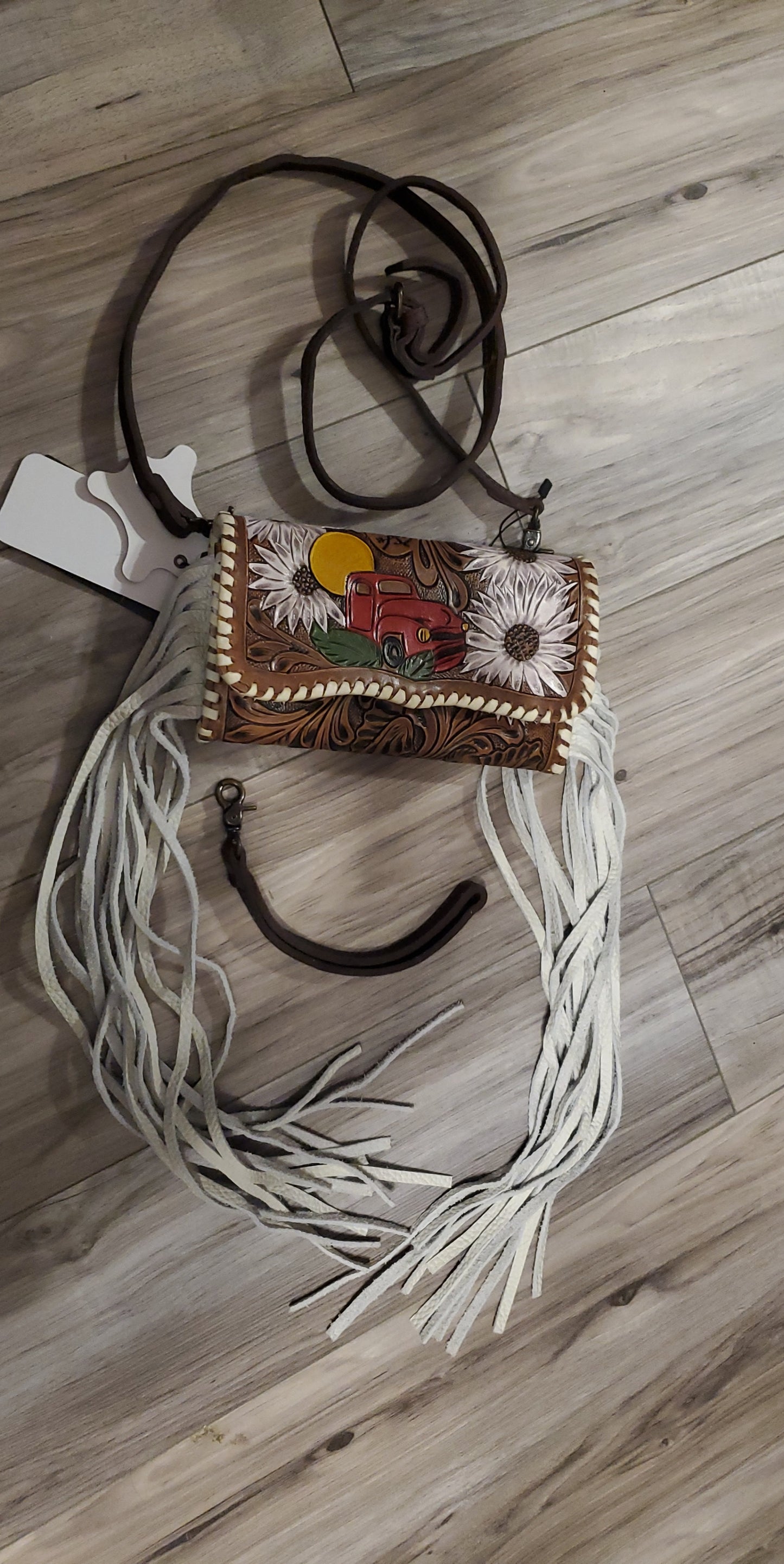 Tooled Leather Wristlet with Red and Sunflowers